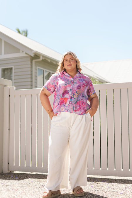 Flowers Along The River 100% Linen Short Sleeve Relaxed Women’s Shirt