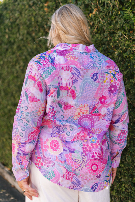 Flowers Along The River 100% Linen Long Sleeve Relaxed Women’s Shirt