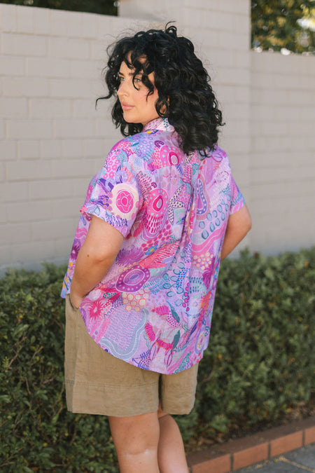 Flowers Along The River 100% Linen Short Sleeve Relaxed Women’s Shirt