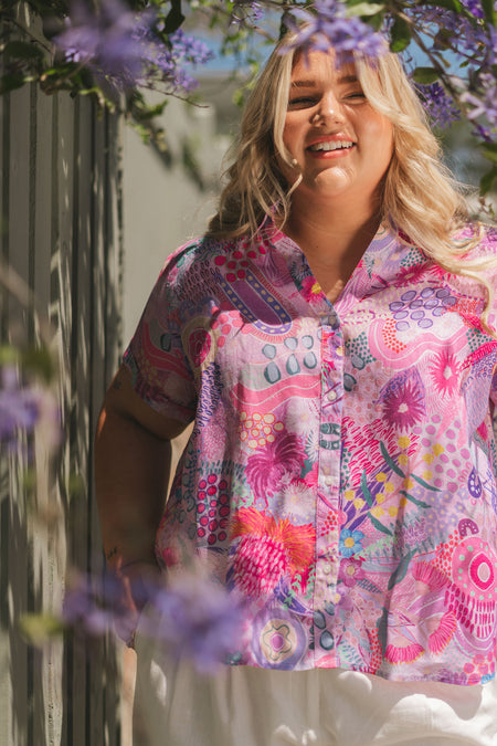 Flowers Along The River 100% Linen Short Sleeve Relaxed Women’s Shirt