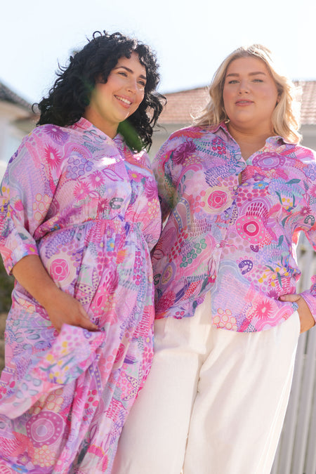 Flowers Along The River 100% Rayon Shirt Dress