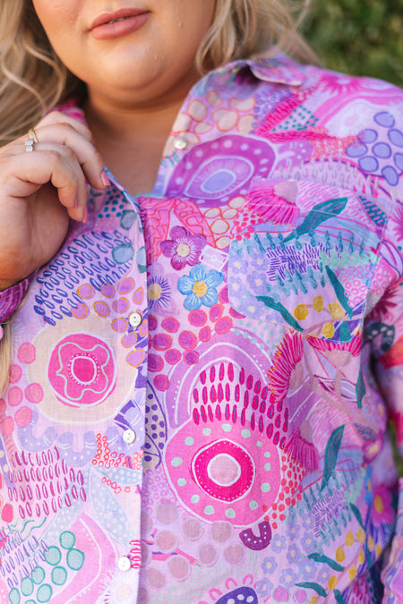 Flowers Along The River 100% Linen Long Sleeve Relaxed Women’s Shirt