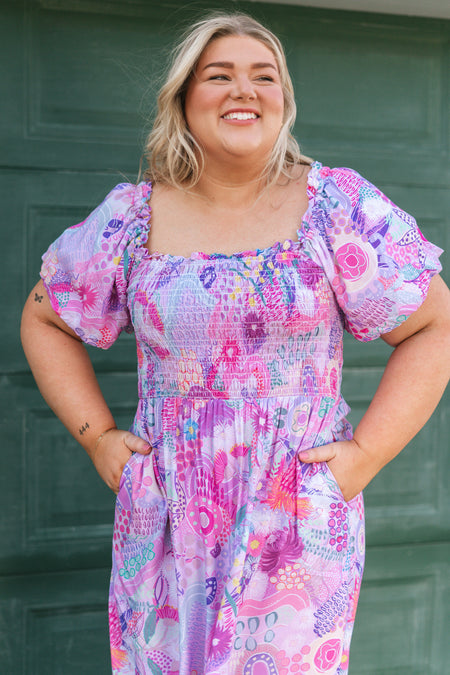 Flowers Along The River 100% Rayon Peasant Dress