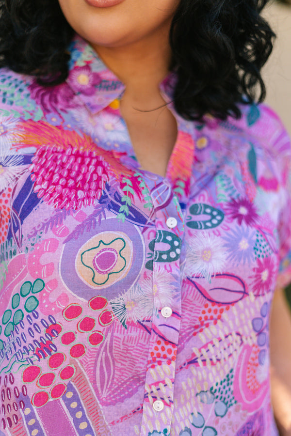 Flowers Along The River 100% Linen Short Sleeve Relaxed Women’s Shirt