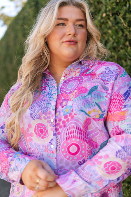 Flowers Along The River 100% Linen Long Sleeve Relaxed Women’s Shirt