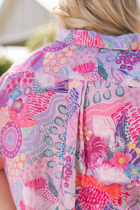 Flowers Along The River 100% Linen Short Sleeve Relaxed Women’s Shirt