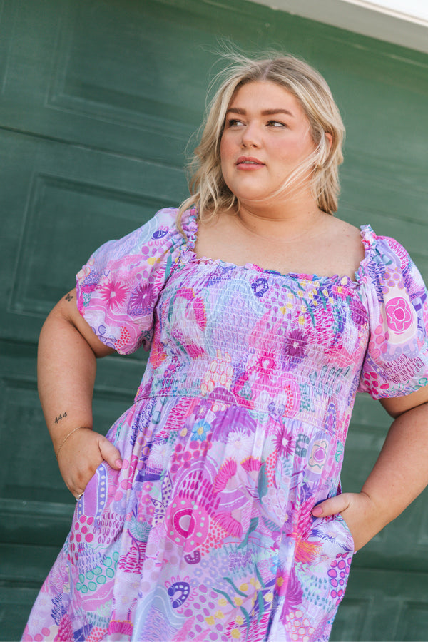 Flowers Along The River 100% Rayon Peasant Dress