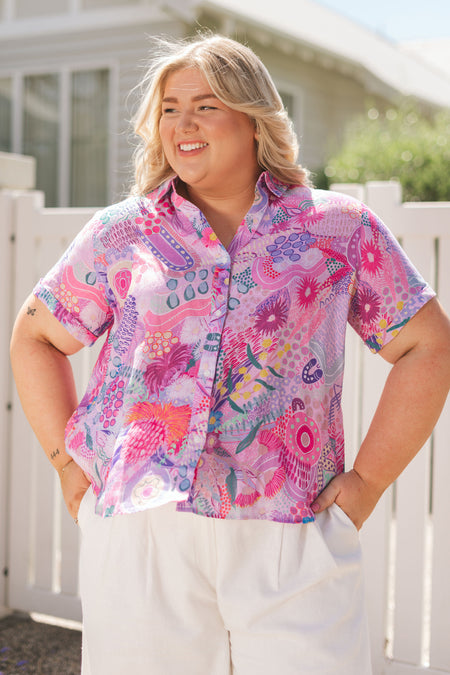 Flowers Along The River 100% Linen Short Sleeve Relaxed Women’s Shirt