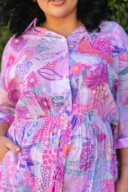 Flowers Along The River 100% Rayon Shirt Dress