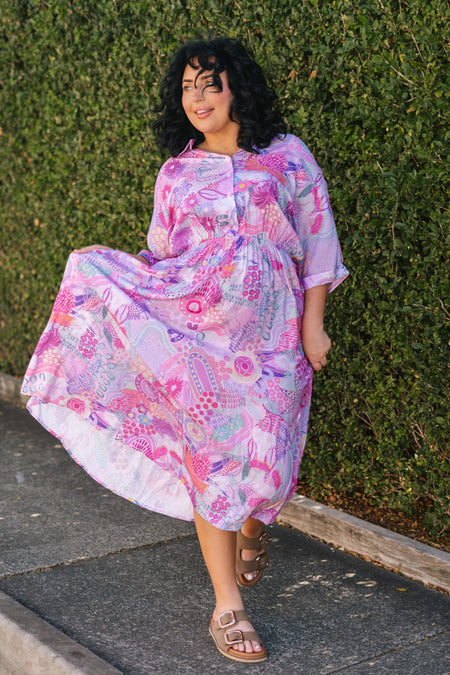 Flowers Along The River 100% Rayon Shirt Dress