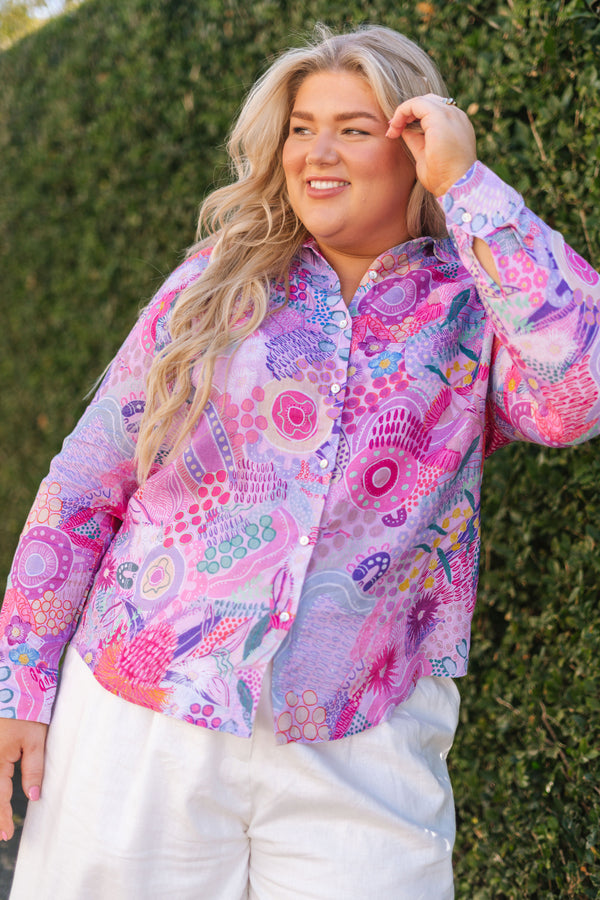 Flowers Along The River 100% Linen Long Sleeve Relaxed Women’s Shirt