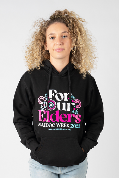 "For Our Elders" (Blue & Pink) NAIDOC WEEK 2023 Black Premium Cotton Blend Unisex Hoodie