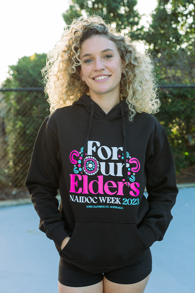 "For Our Elders" (Blue & Pink) NAIDOC WEEK 2023 Black Premium Cotton Blend Unisex Hoodie