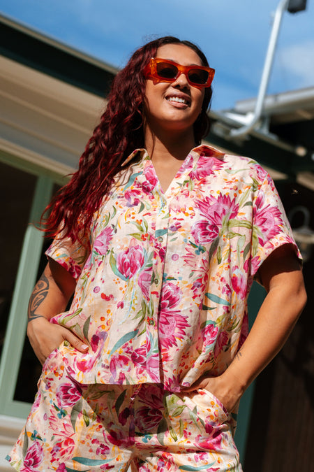 Spring Essence 100% Linen Short Sleeve Relaxed Women's Shirt