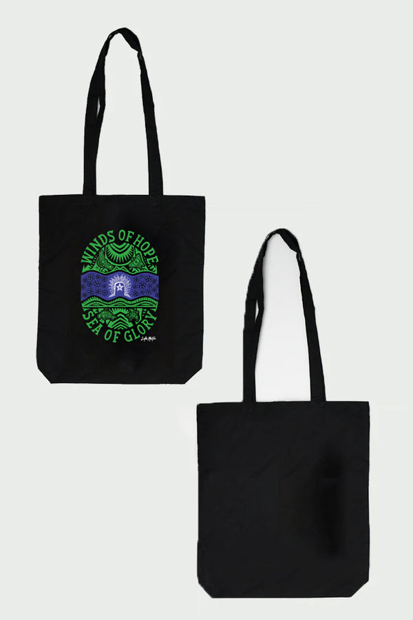 Winds of Hope, Sea of Glory Black Long Handle Cotton Tote Bag