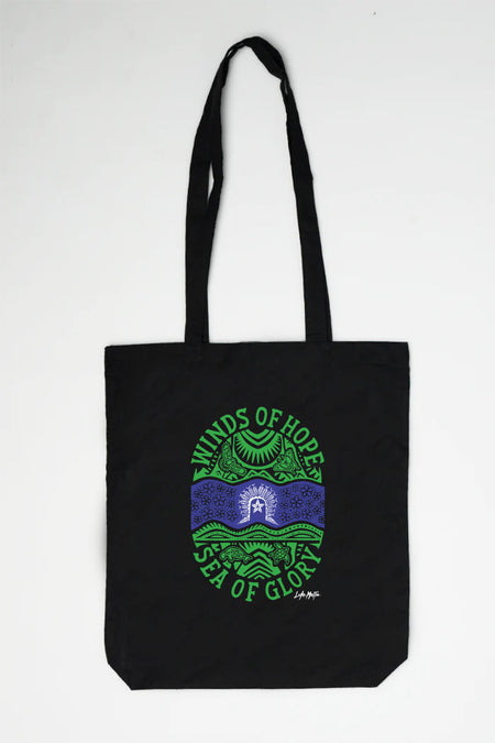 Winds of Hope, Sea of Glory Black Long Handle Cotton Tote Bag