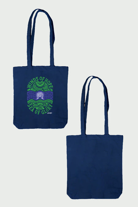Winds of Hope, Sea of Glory Navy Long Handle Cotton Tote Bag
