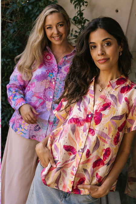 Flowers Along The River 100% Linen Long Sleeve Relaxed Women’s Shirt