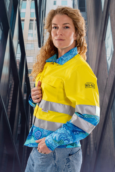 Together We Rise High Vis Yellow 100% Cotton Drill Women's Long Sleeve Work Shirt