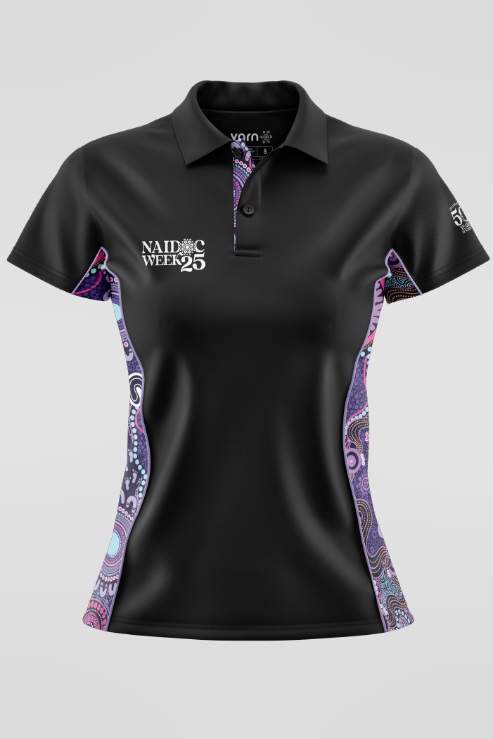 Muru To Our Biriwal (Pathway To Our Future) NAIDOC 2025 Black Bamboo (Simpson) Women's Fitted Polo Shirt