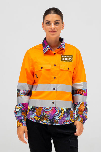 (Custom) Celebration High Vis Orange 100% Cotton Drill Women's Long Sleeve Work Shirt