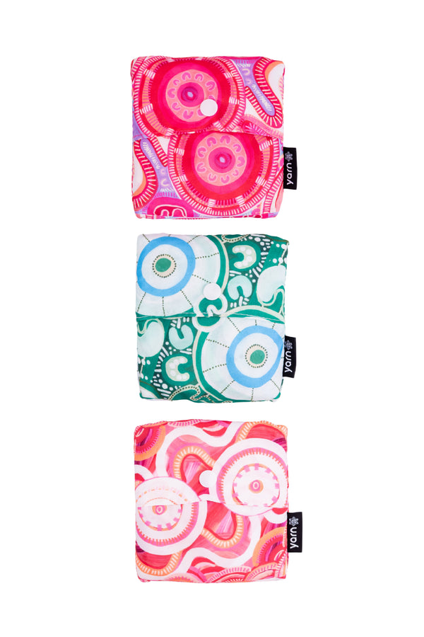 Merindah-Gunya Artist Collection rPET Reusable Fold-Up Shopping Bag (3 Pack) with Drawstring Bag