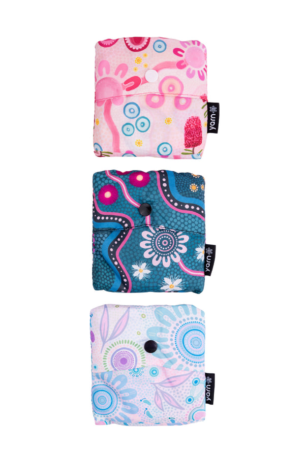 Caitlin Trindall Artist Collection rPET Reusable Fold-Up Shopping Bag (3 Pack) with Drawstring Bag