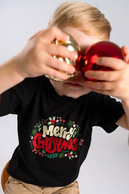 Merry Christmas Black Cotton Crew Neck Kids T-Shirt