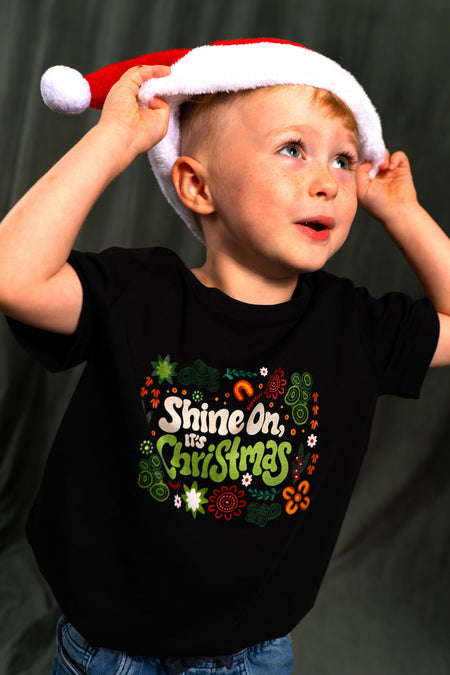 Shine On, It's Christmas Black Cotton Crew Neck Kids T-Shirt