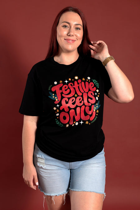 Festive Feels Only Black Cotton Crew Neck Women's T-Shirt