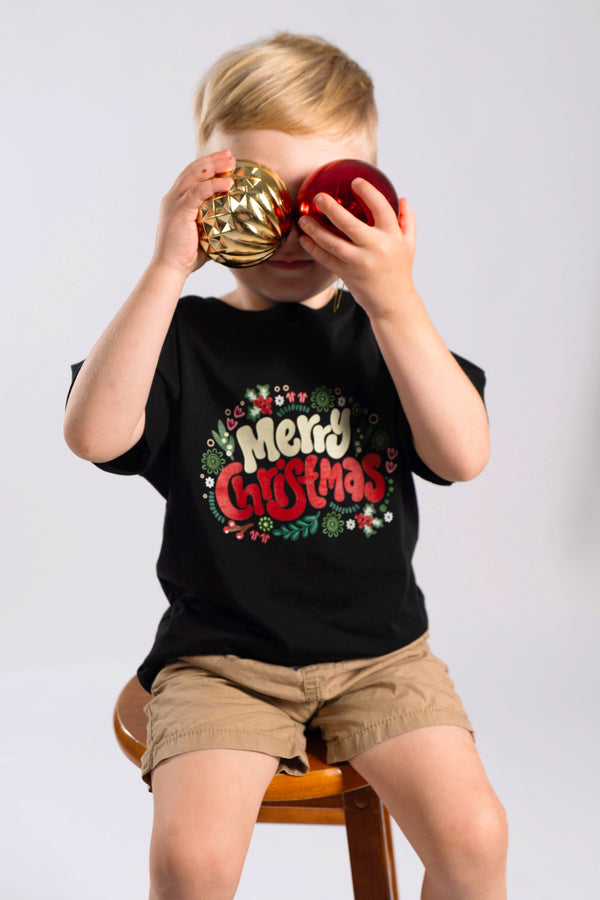 Merry Christmas Black Cotton Crew Neck Kids T-Shirt