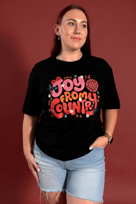 Joy From Country Black Cotton Crew Neck Women's T-Shirt