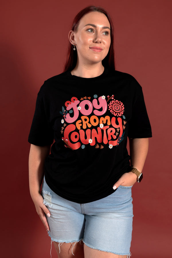 Joy From Country Black Cotton Crew Neck Women's T-Shirt