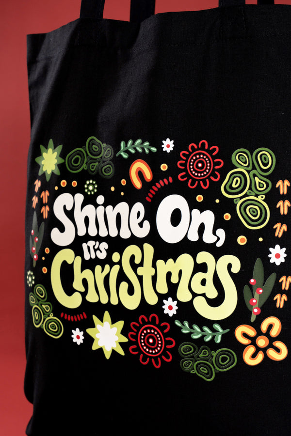 Shine On, It's Christmas Black Long Handle Cotton Tote Bag