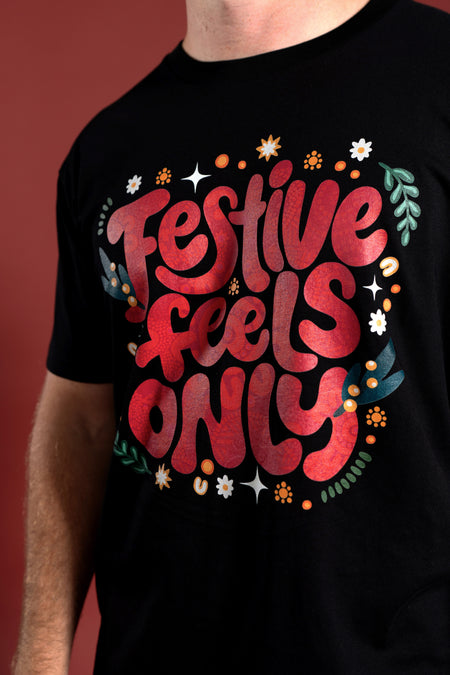 Festive Feels Only Black Cotton Crew Neck Unisex T-Shirt