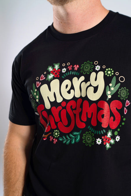 Merry Christmas Black Cotton Crew Neck Unisex T-Shirt