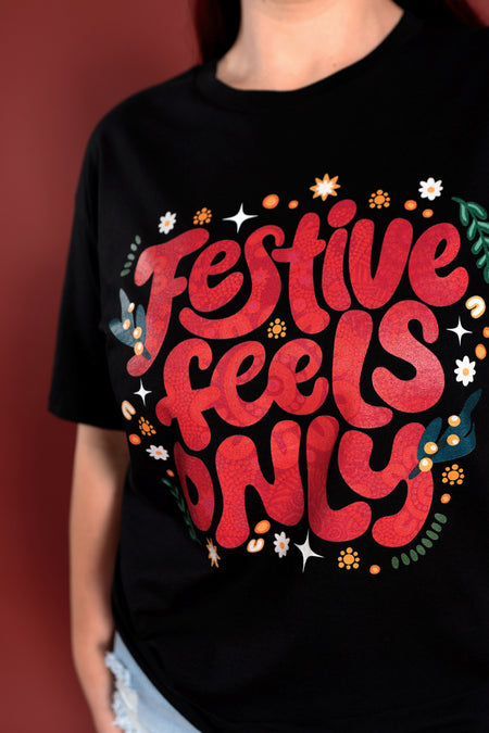 Festive Feels Only Black Cotton Crew Neck Women's T-Shirt