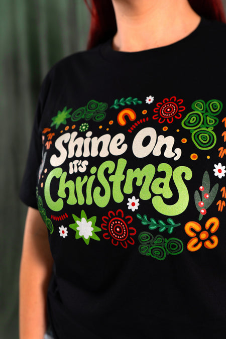 Shine On, It's Christmas Black Cotton Crew Neck Women's T-Shirt