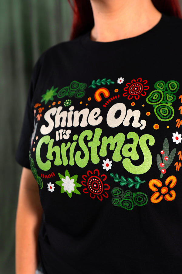 Shine On, It's Christmas Black Cotton Crew Neck Women's T-Shirt