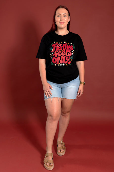 Festive Feels Only Black Cotton Crew Neck Women's T-Shirt