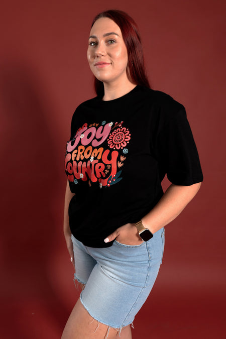 Joy From Country Black Cotton Crew Neck Women's T-Shirt