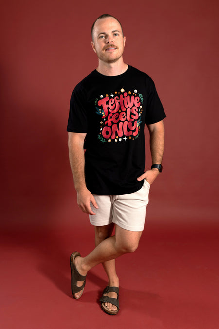 Festive Feels Only Black Cotton Crew Neck Unisex T-Shirt