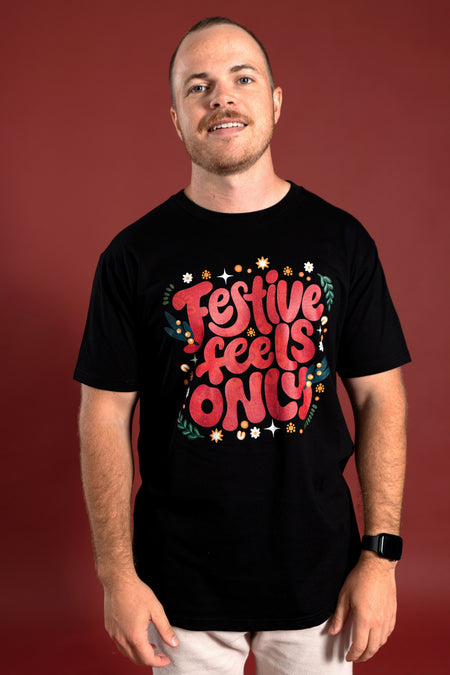 Festive Feels Only Black Cotton Crew Neck Unisex T-Shirt