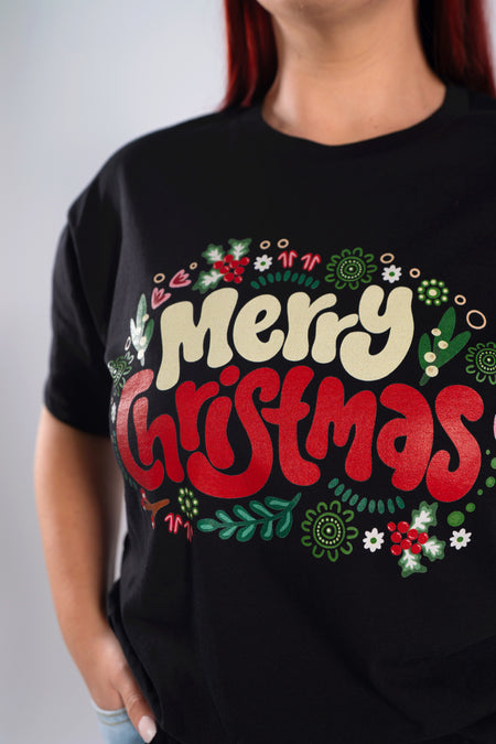 Merry Christmas Black Cotton Crew Neck Women's T-Shirt