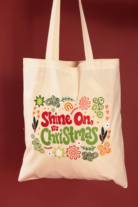 Shine On, It's Christmas Natural Long Handle Cotton Tote Bag