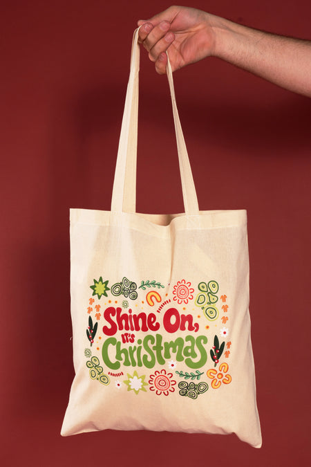 Shine On, It's Christmas Natural Long Handle Cotton Tote Bag