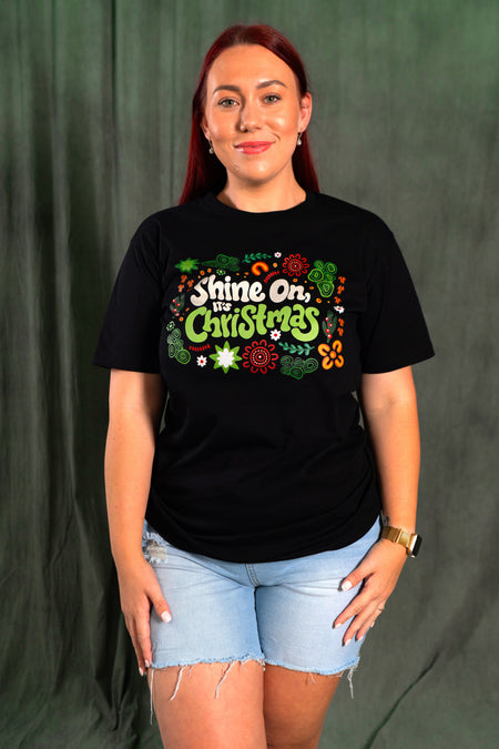Shine On, It's Christmas Black Cotton Crew Neck Women's T-Shirt