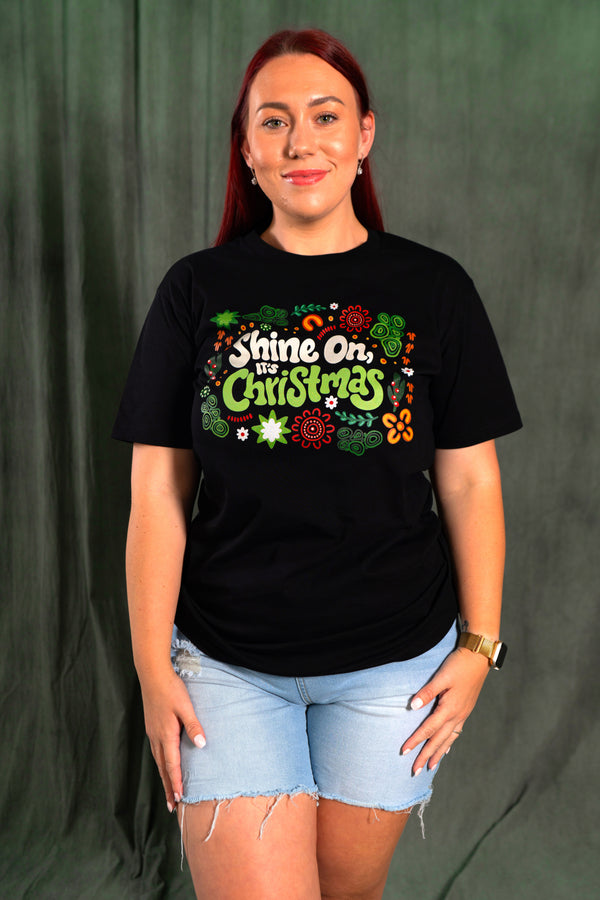Shine On, It's Christmas Black Cotton Crew Neck Women's T-Shirt