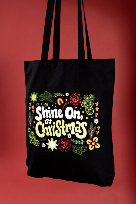 Shine On, It's Christmas Black Long Handle Cotton Tote Bag