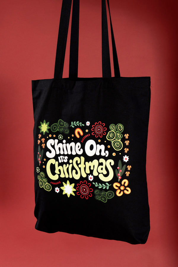 Shine On, It's Christmas Black Long Handle Cotton Tote Bag